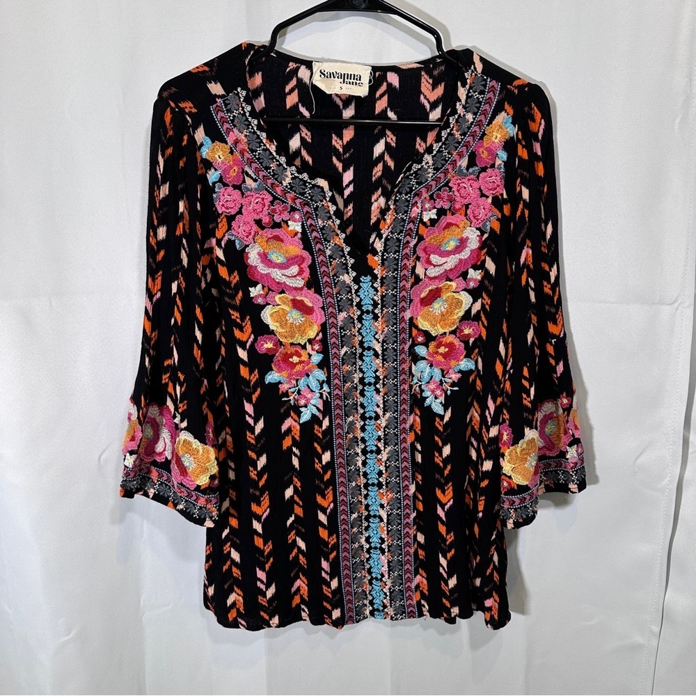Savanna Jane Black Top with Floral Embroidery